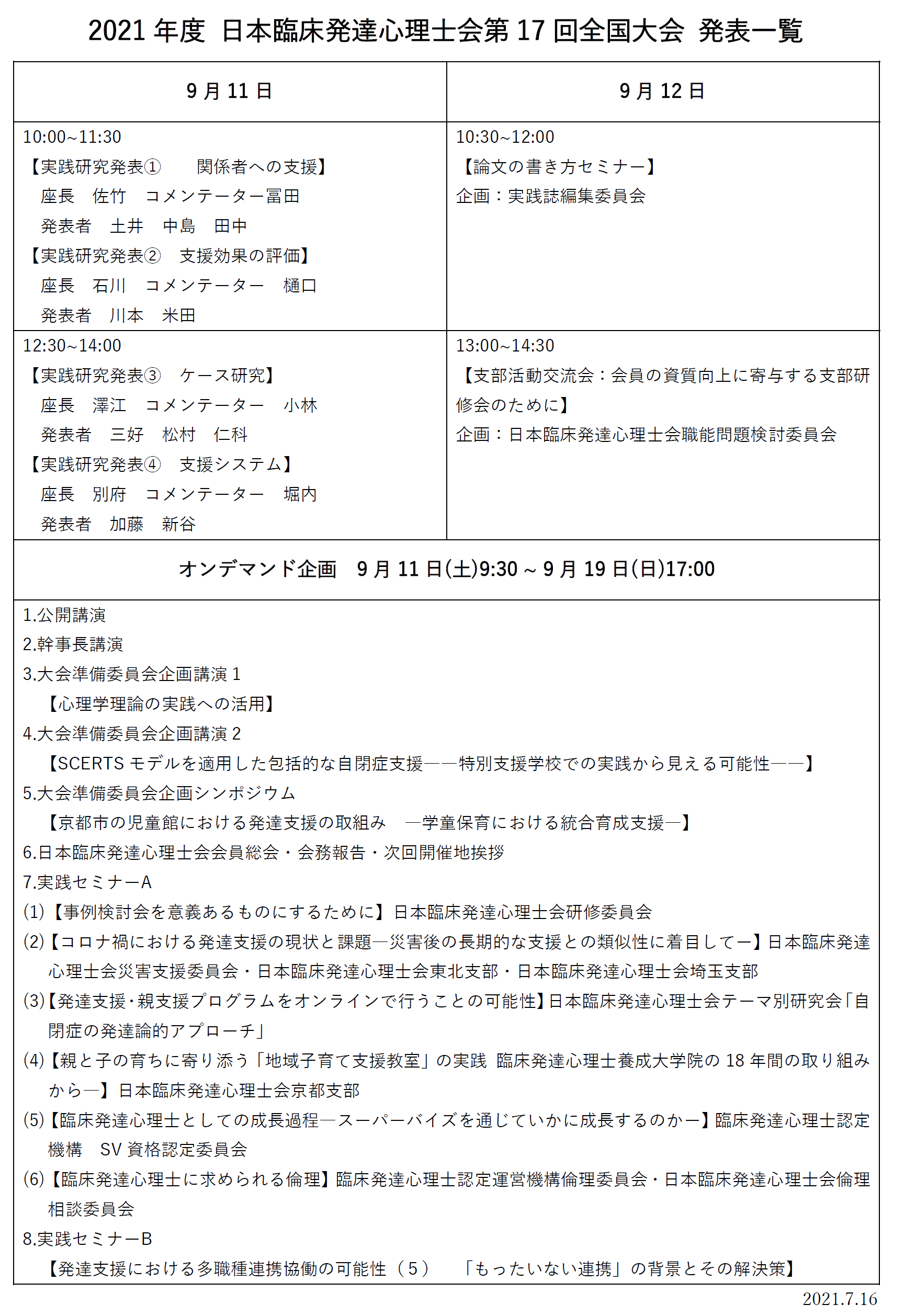 2021年 第17回全国大会 タイムテーブル